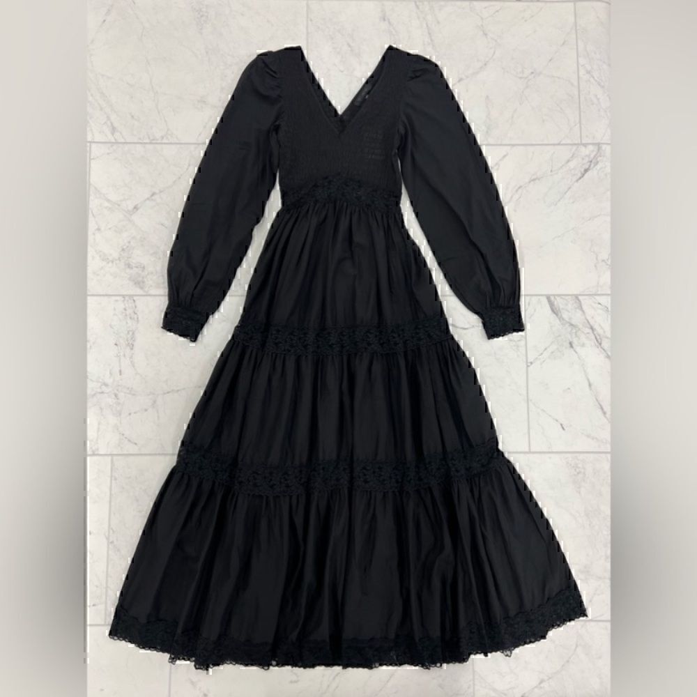 Black Long Sleeve V-Neck Tiered Maxi Dress